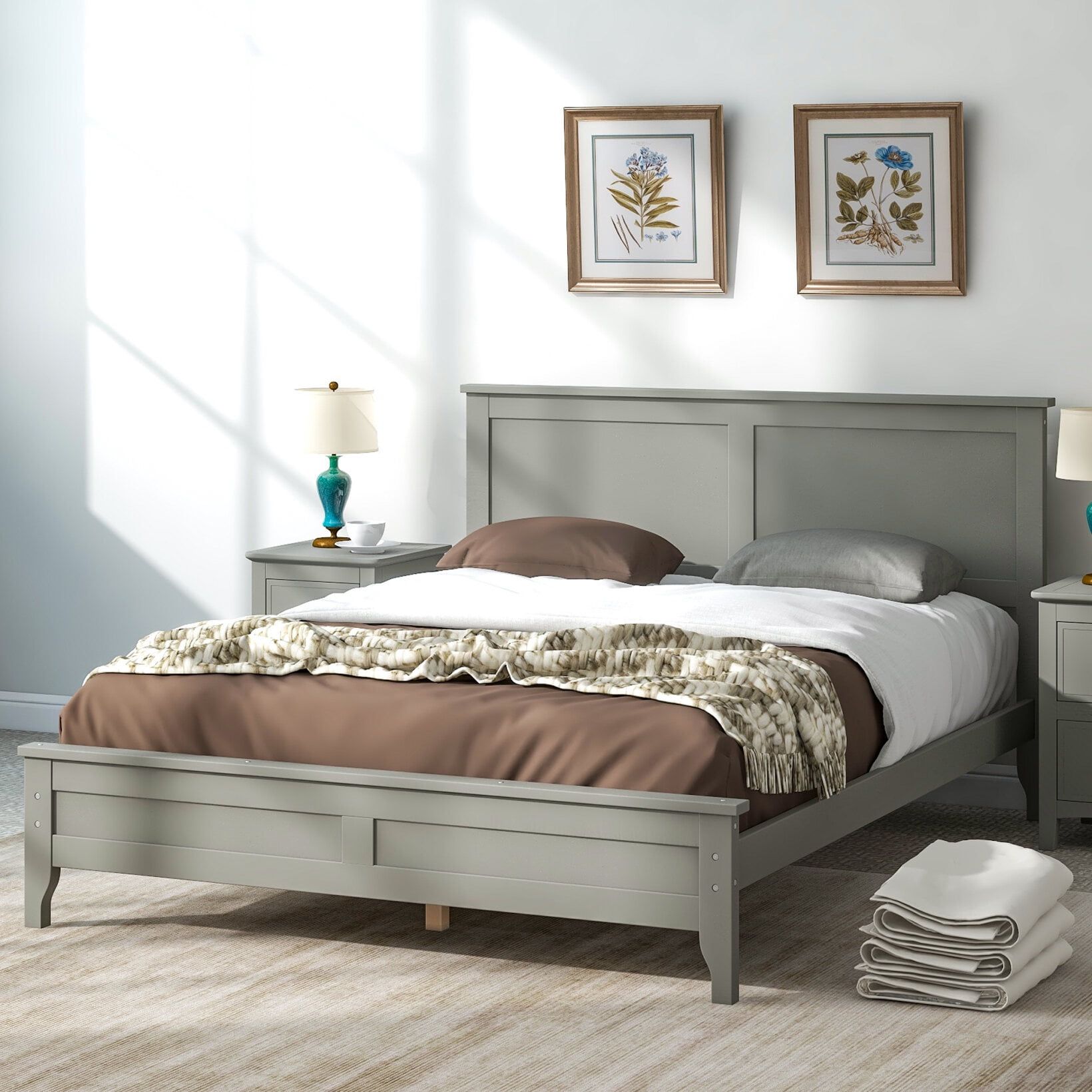 Gray Full Size Pine Wood Platform Bed with Headboard and Drawers