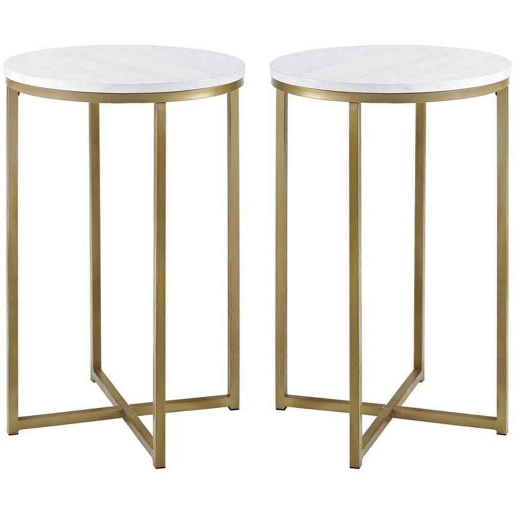 Urban Luxe Faux Marble and Gold Metal X-Leg End Table Pair