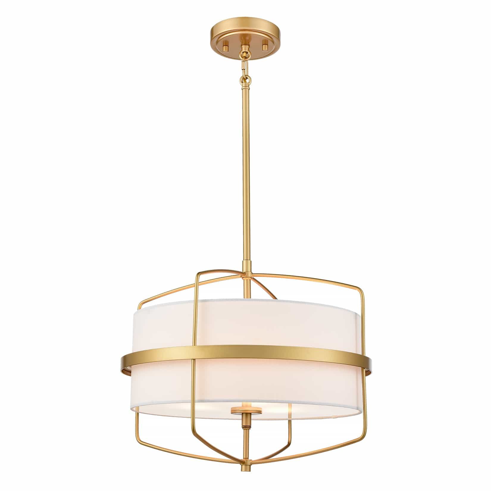 Modern Gold 3-Light Drum Pendant with White Fabric Shade