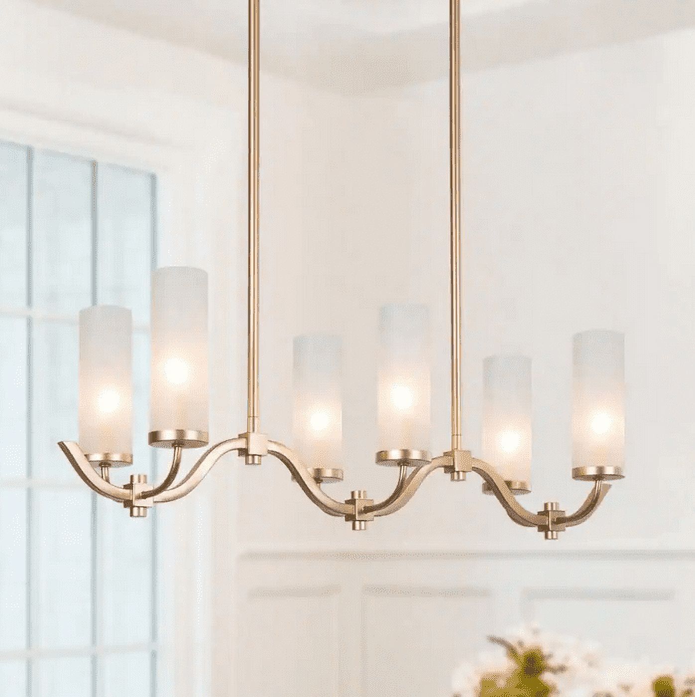 Modern Brass Gold Linear 6-Light Chandelier with Frosted Glass Shades