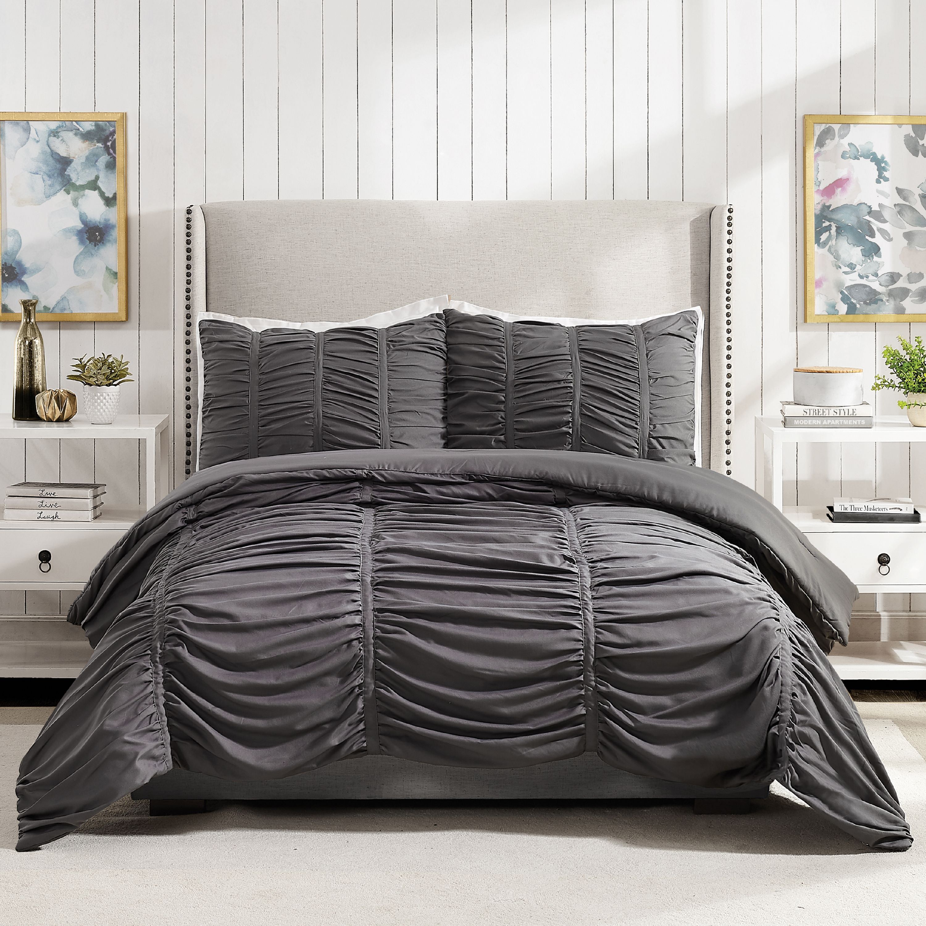 Dark Gray Full Microfiber Reversible Comforter Set with Gathered Shams