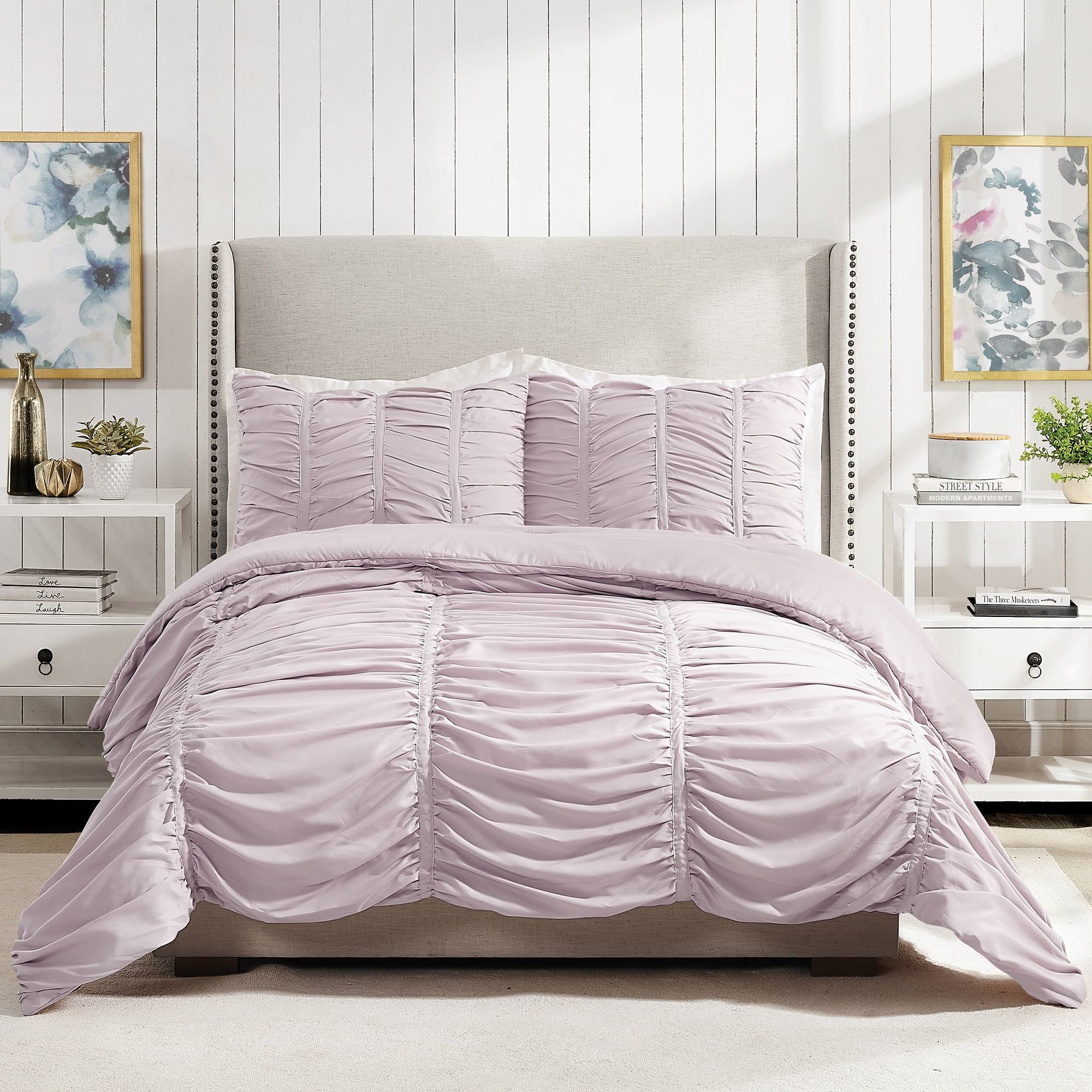 Elegant Ruched Purple Polyester King Comforter Set with Shams