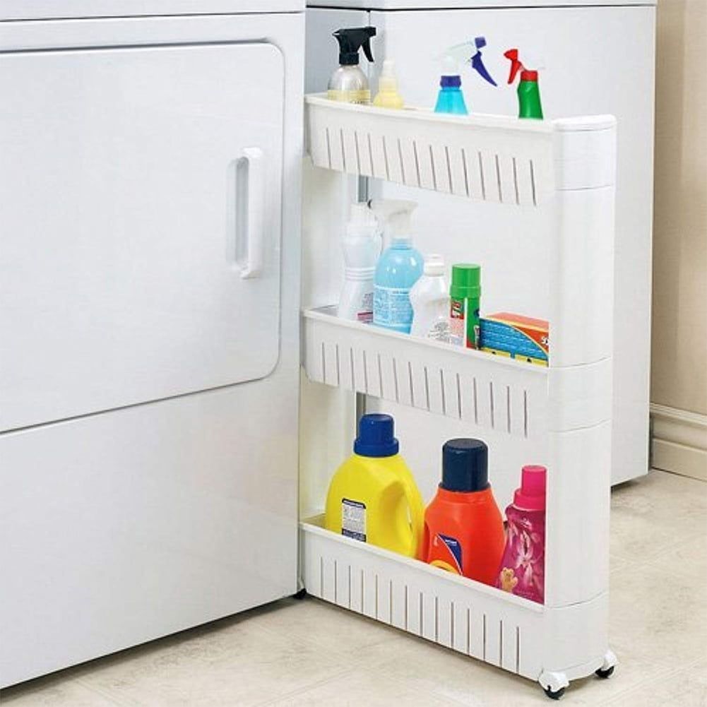 Modern White Narrow Sliding Storage Organizer Rack with 3 Shelves