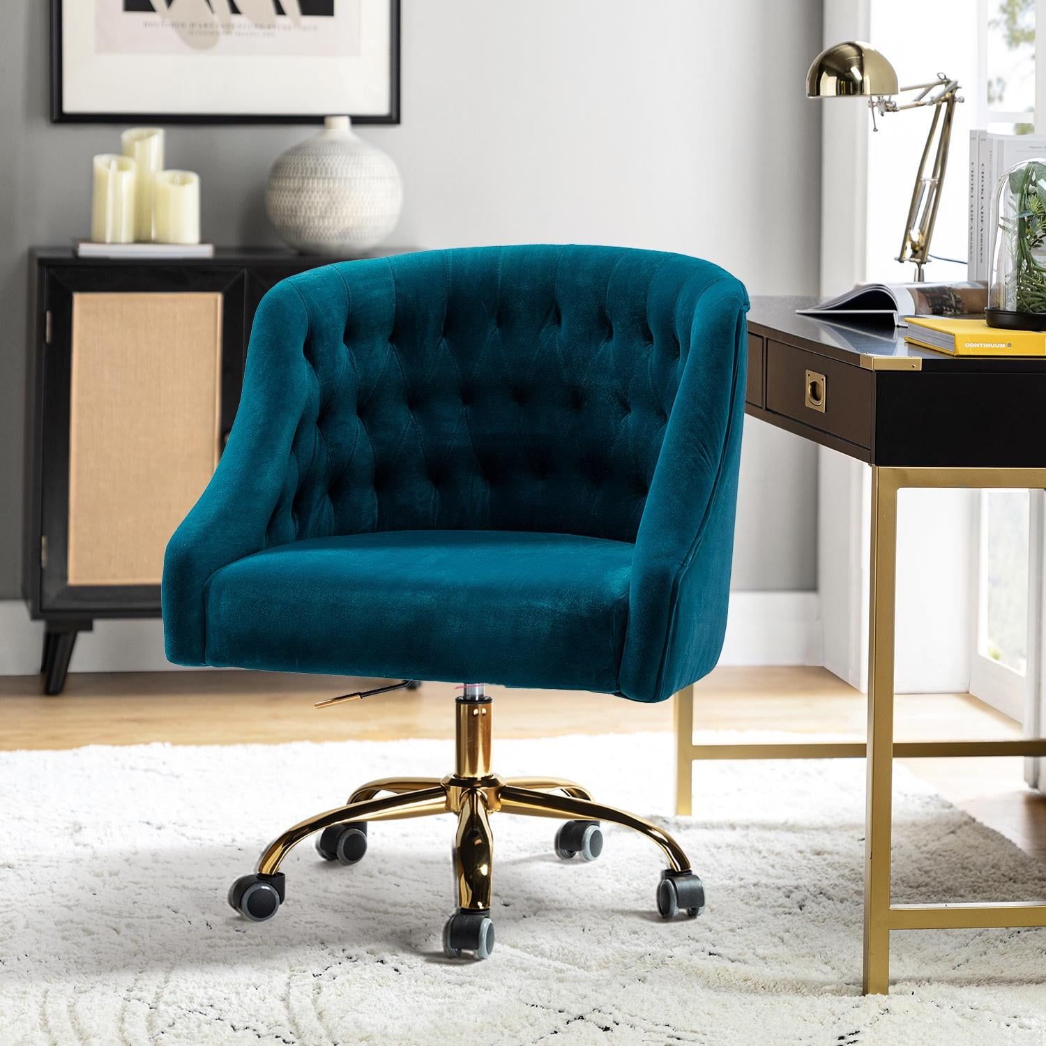 Teal Velvet Swivel Task Chair with Gold Metal Legs