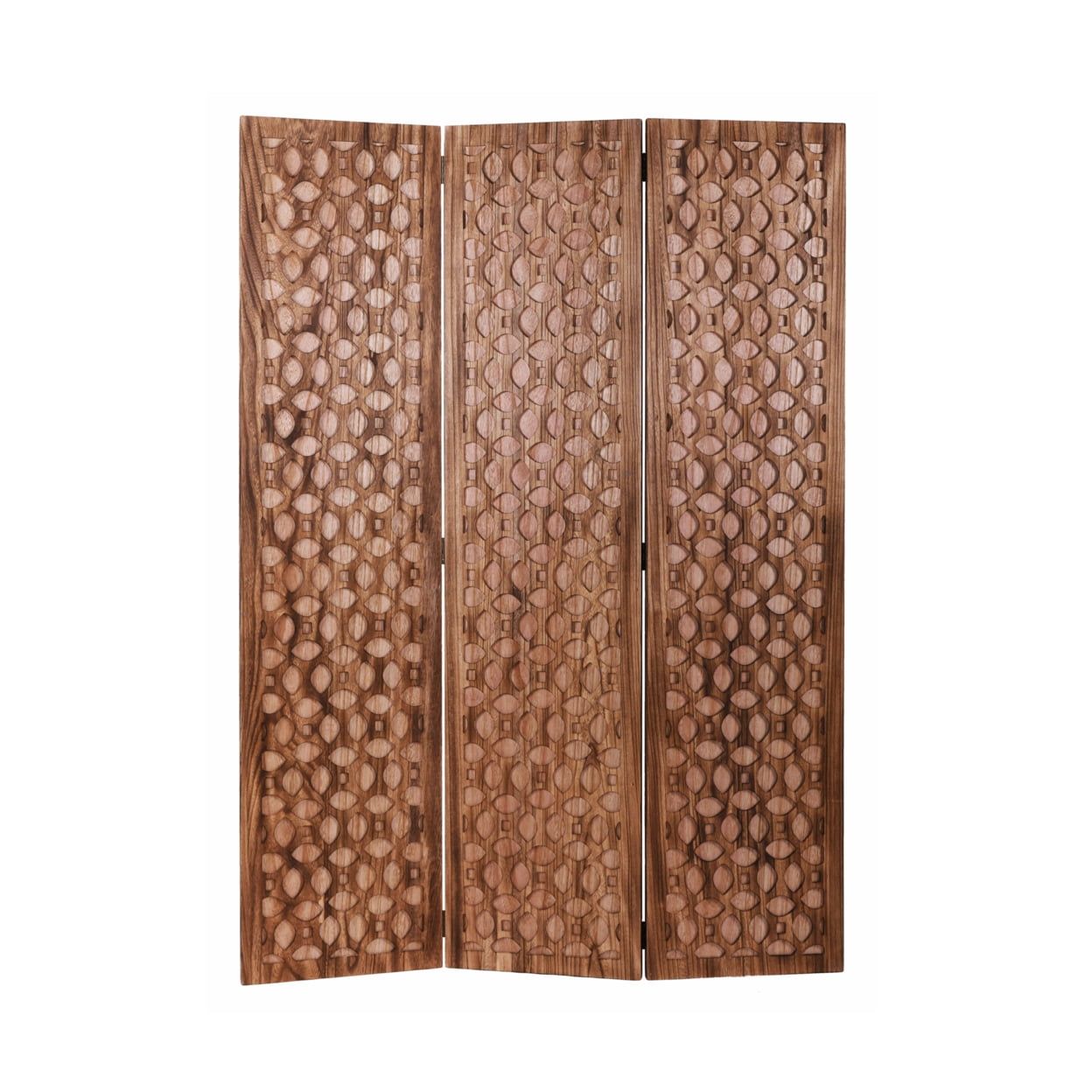 Hand-Carved Natural Wood 3-Panel Folding Room Divider