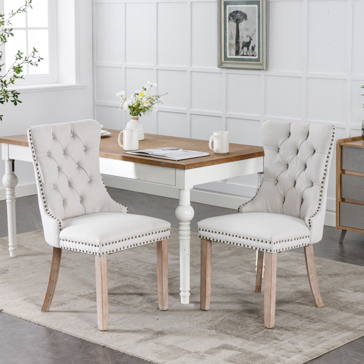 Beige Linen Upholstered Dining Chairs with Wood Legs, Set of 2