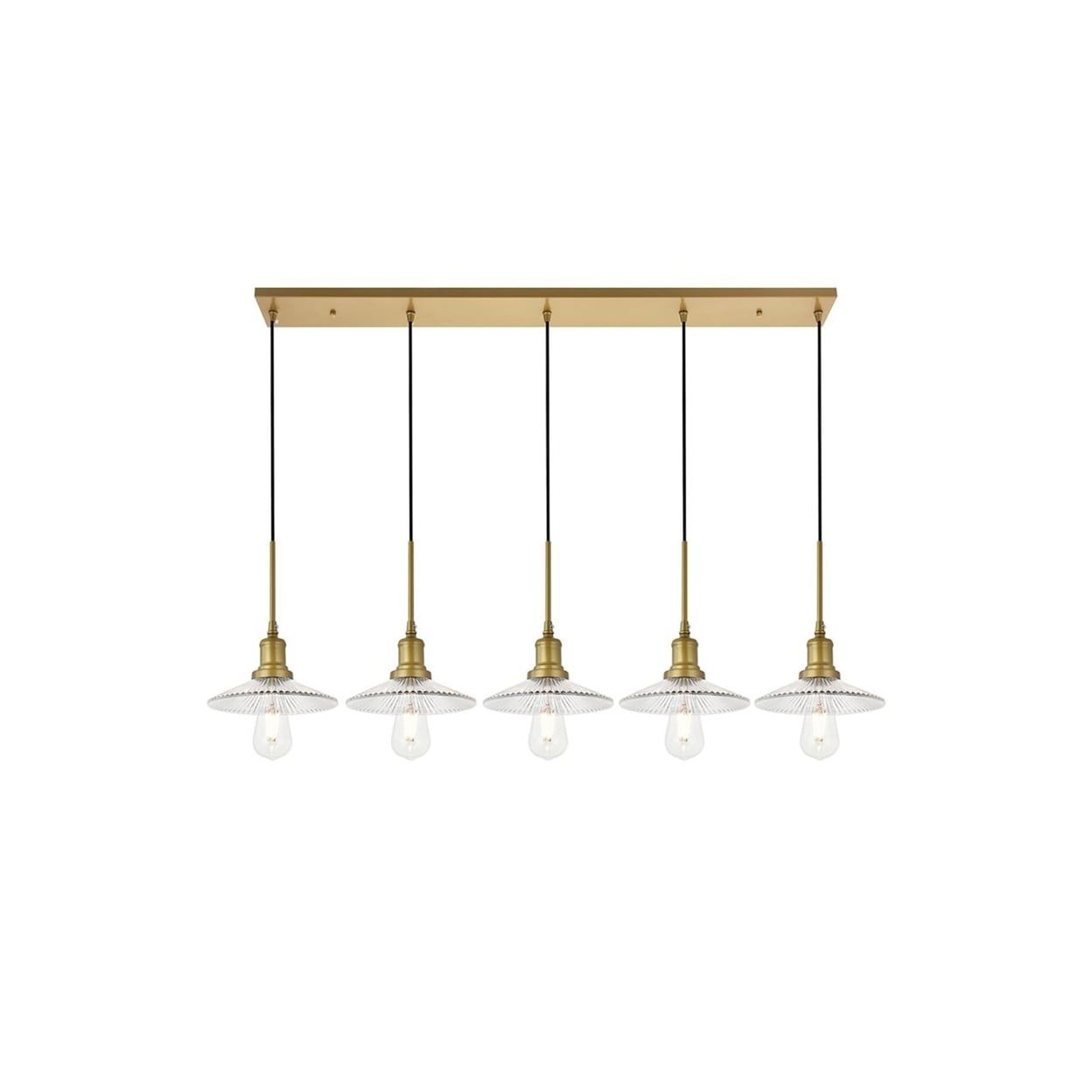 Mid-Century Modern Brass and Glass 5-Light Pendant