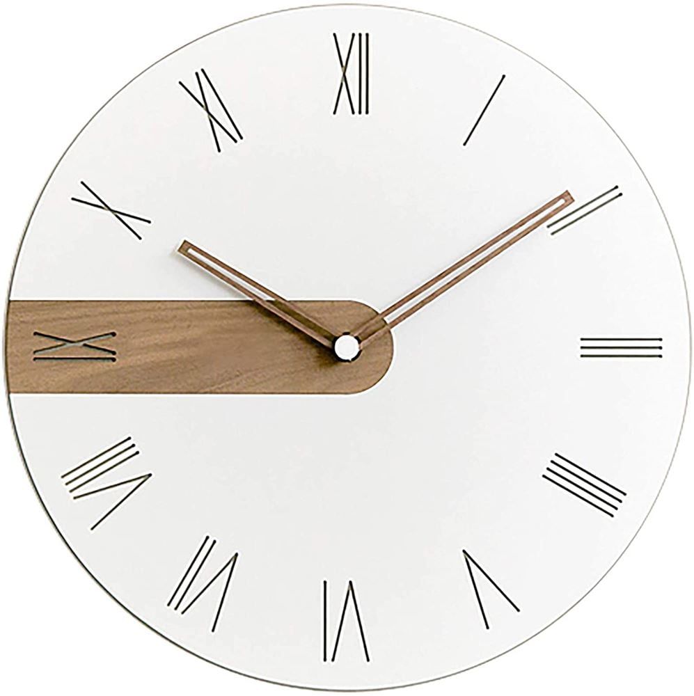 Modern White and Walnut Silent Round Wall Clock