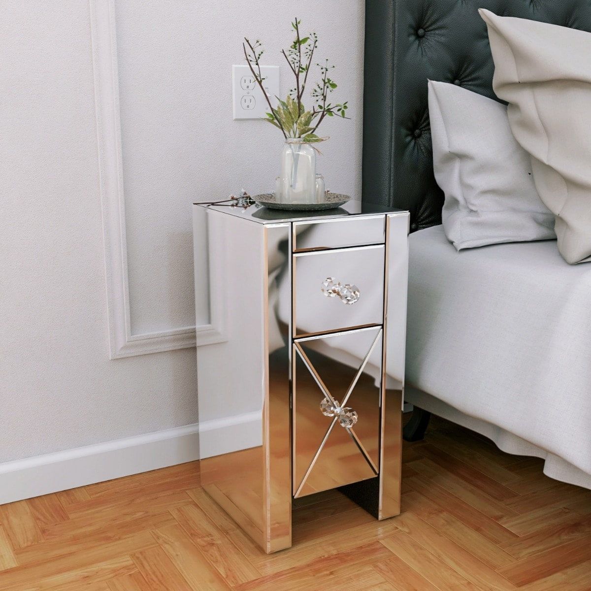 Modern Mirrored 2-Drawer Nightstand with Crystal Knobs