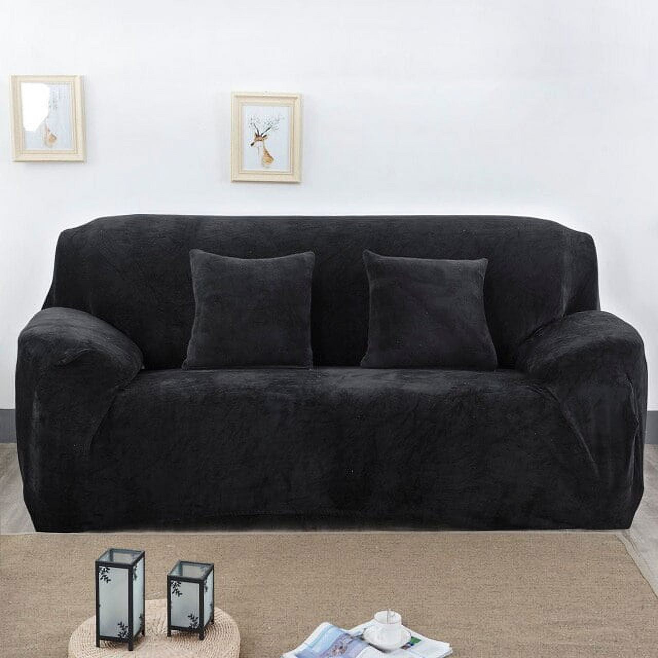 Black Velvet Plush Stretch Sofa Slipcover for 4-Seater