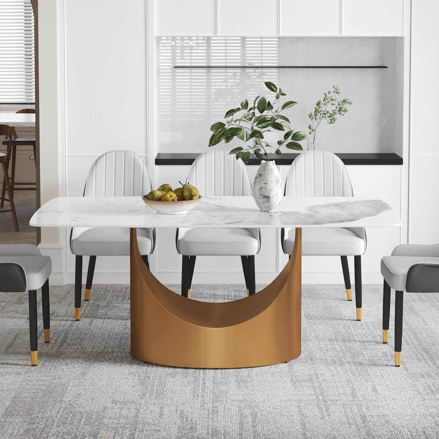 71'' White Marble Stone Dining Table with Gold Metal Base