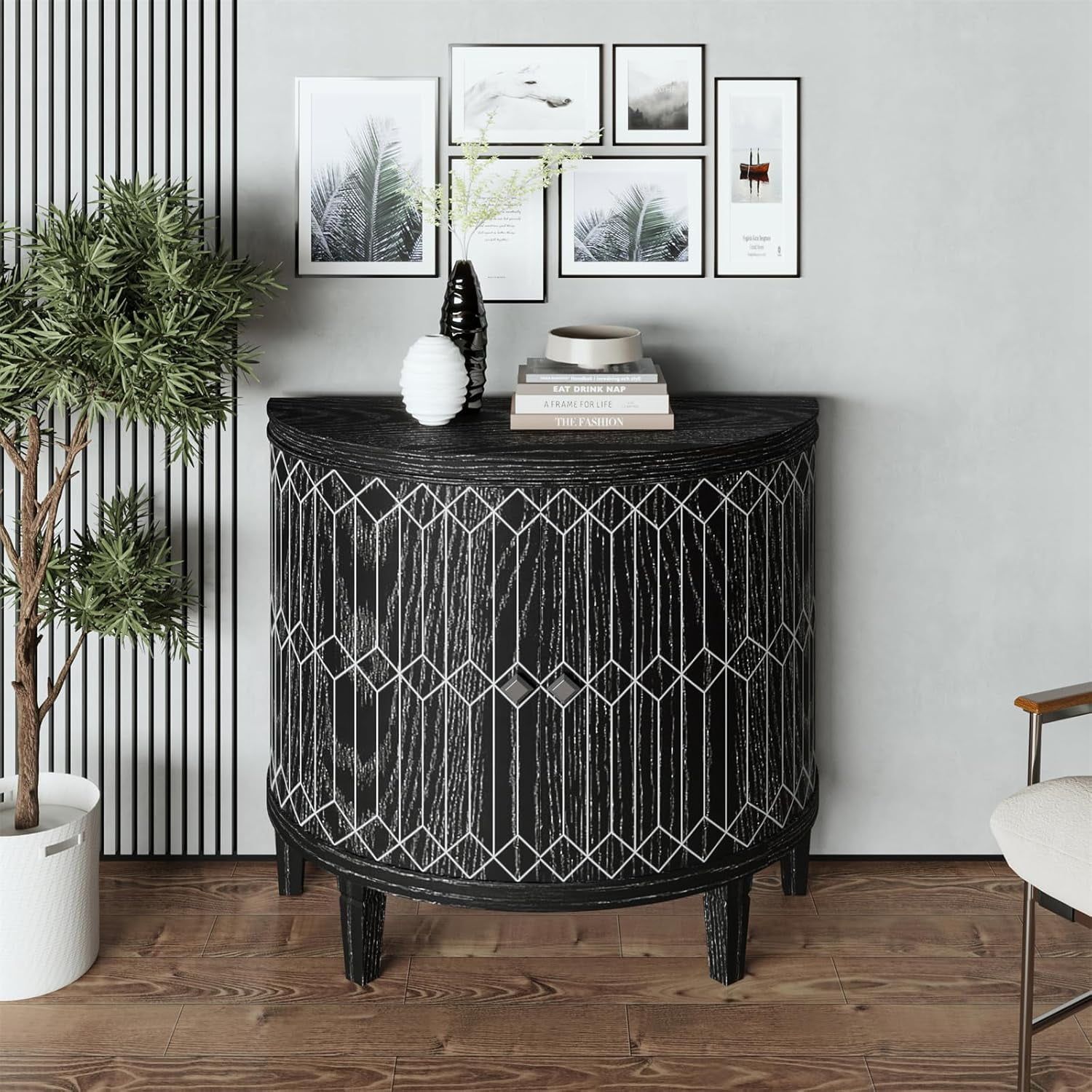 Black Half-Moon Geometric Pattern 2-Door Wooden Cabinet