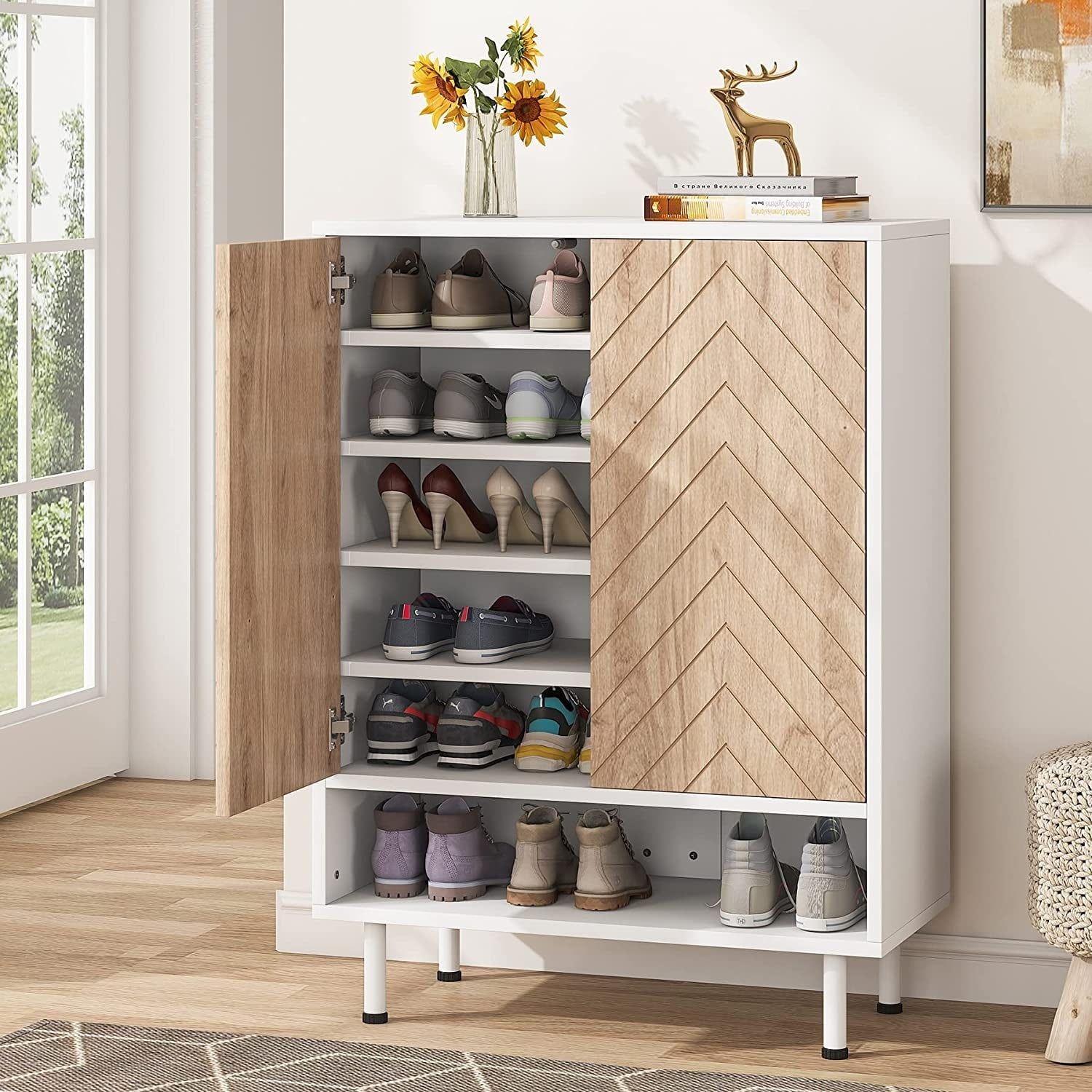 White and Brown Herringbone Wood Shoe Cabinet