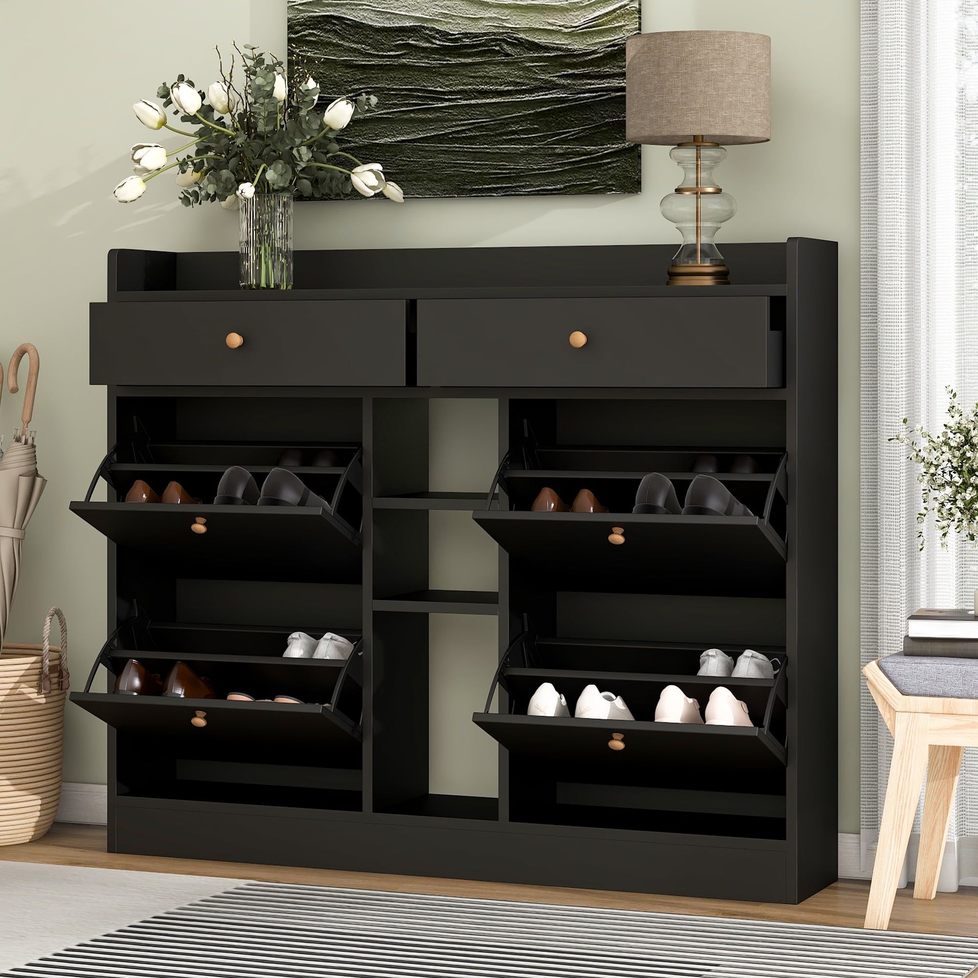 Black Modern Particle Board Shoe Cabinet with Flip Drawers