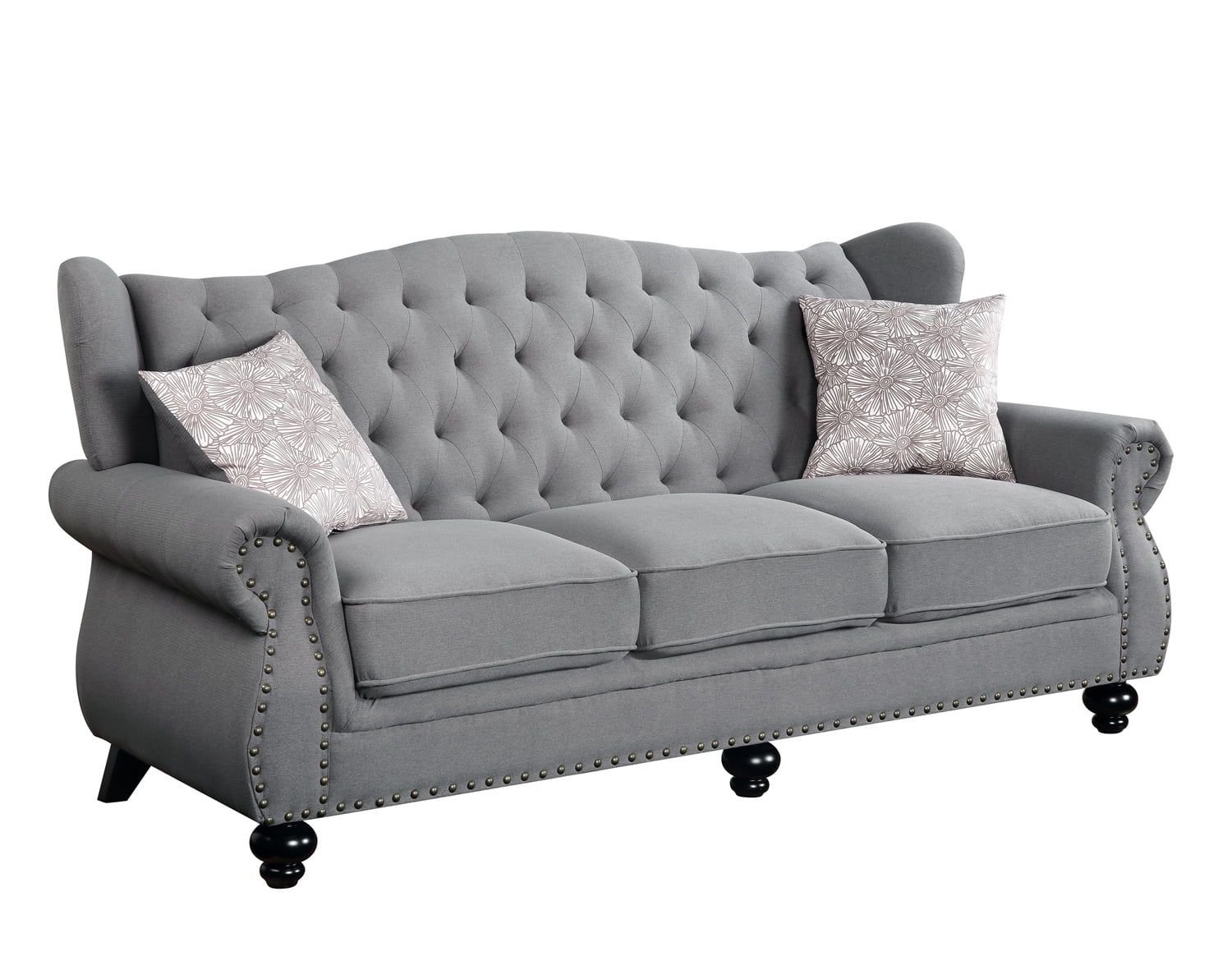 Gray Fabric Camelback Sofa with Floral Cushions and Nailhead Trim