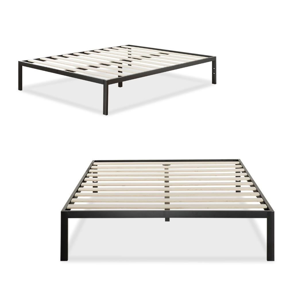 Black Metal Queen Platform Bed Frame with Wooden Slats