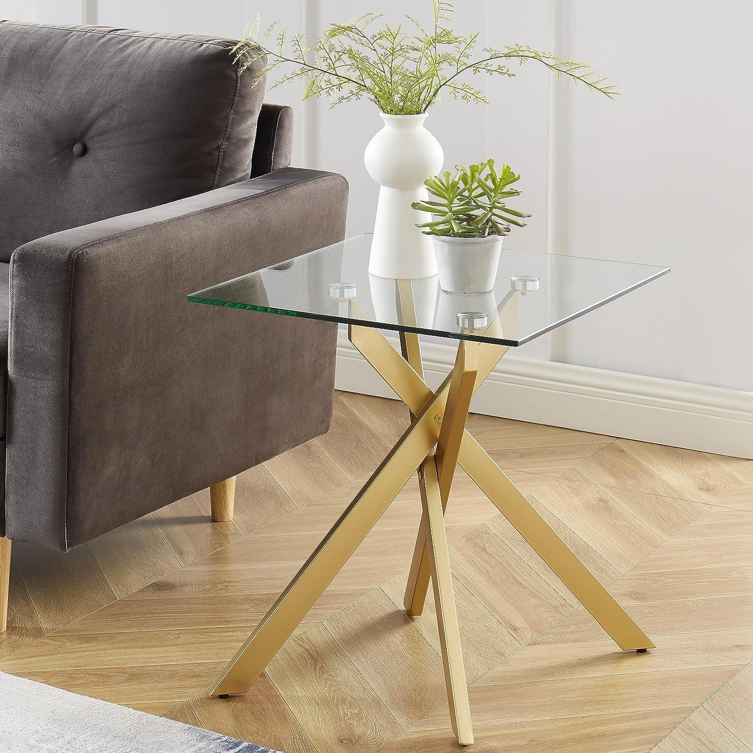 Gold Square Side Table with Glass Top and Metal Legs