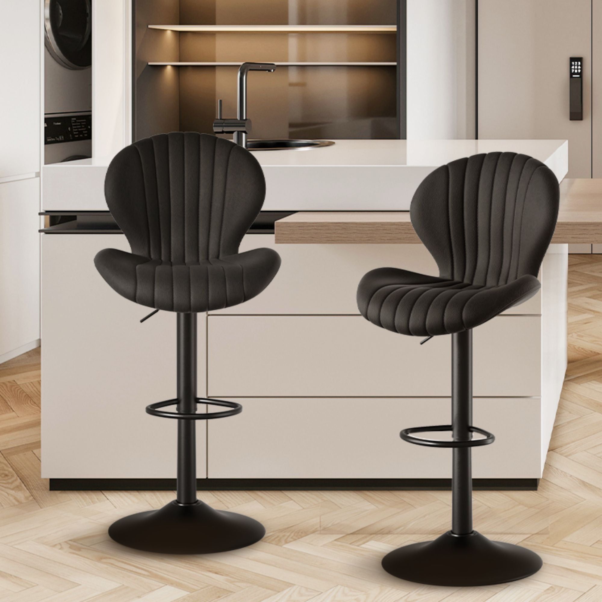 Black Adjustable Swivel Bar Stools with Curved Backrest