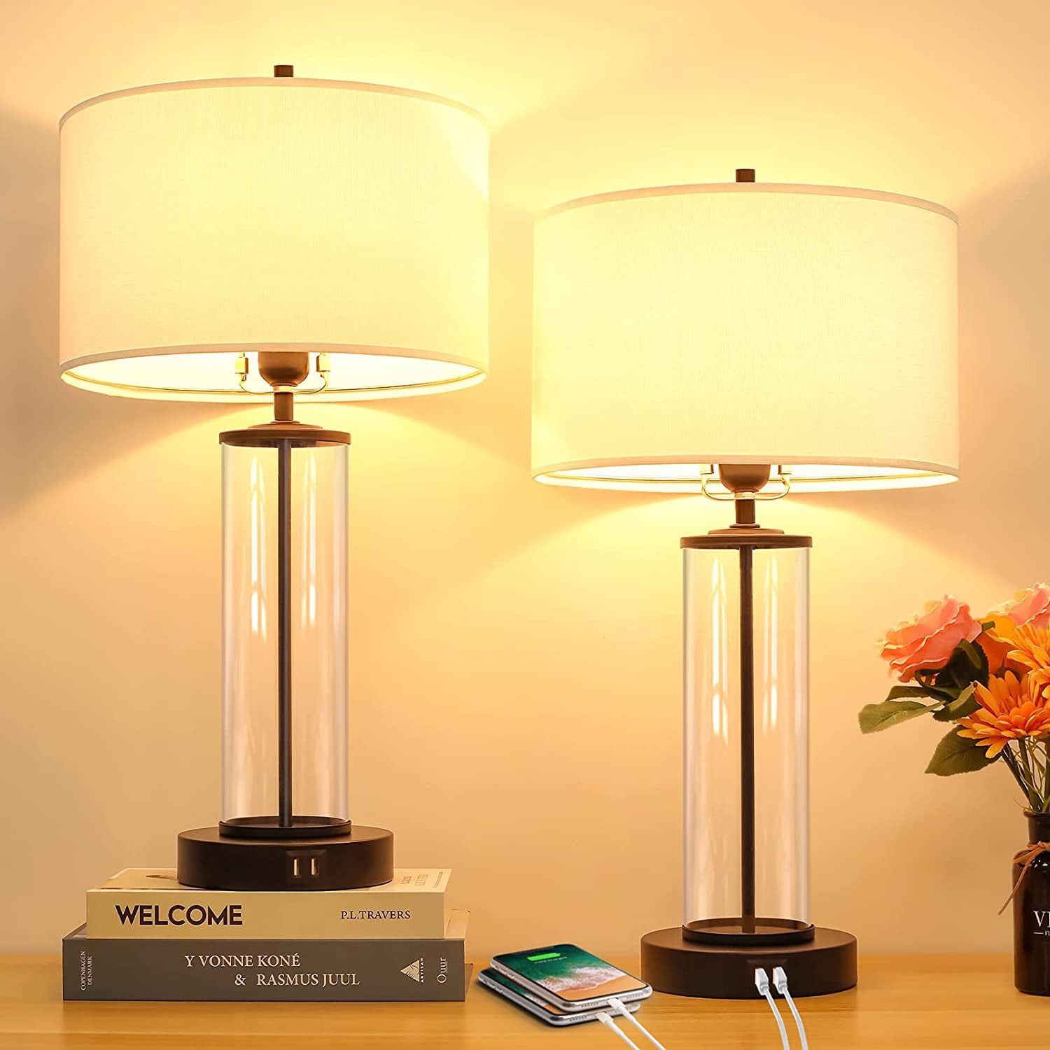 Modern White Fabric Drum Shade Table Lamp Set with USB Ports