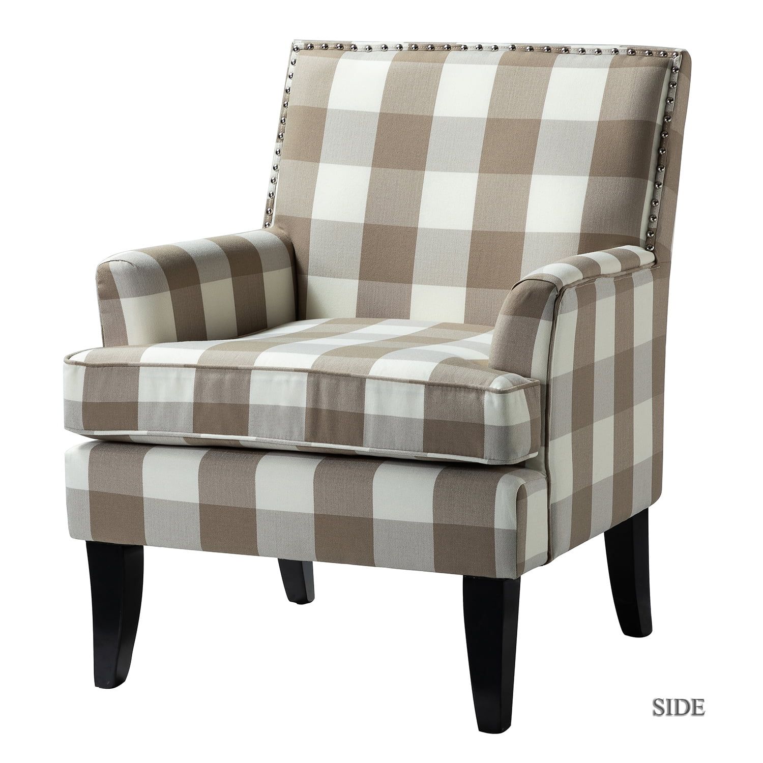 Plaid Beige Upholstered Accent Chair with Nailhead Trim