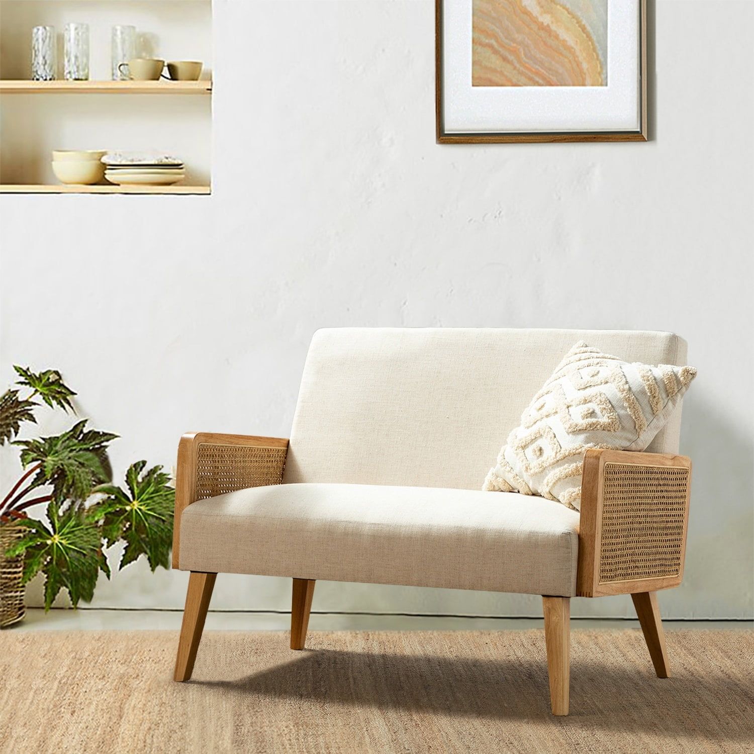 Handcrafted Linen and Rattan Loveseat with Wood Frame