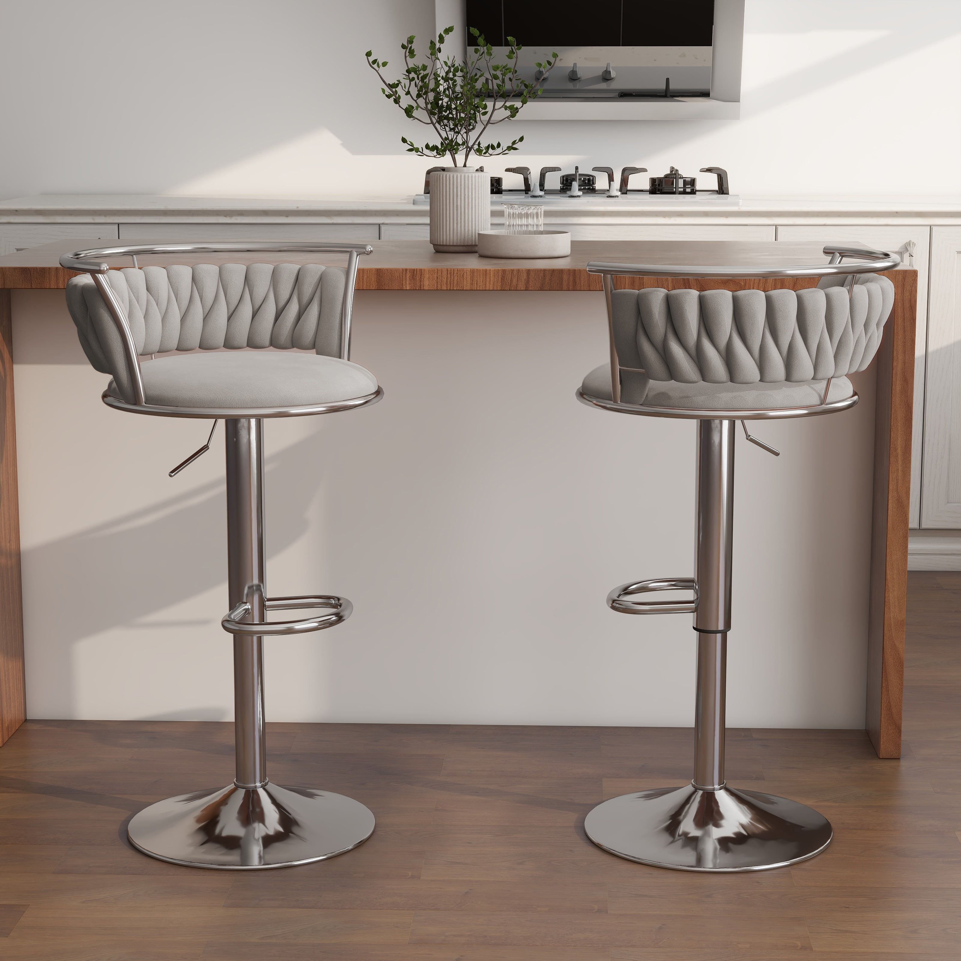 Modern Grey Velvet Adjustable Swivel Bar Stools with Silver Metal Base
