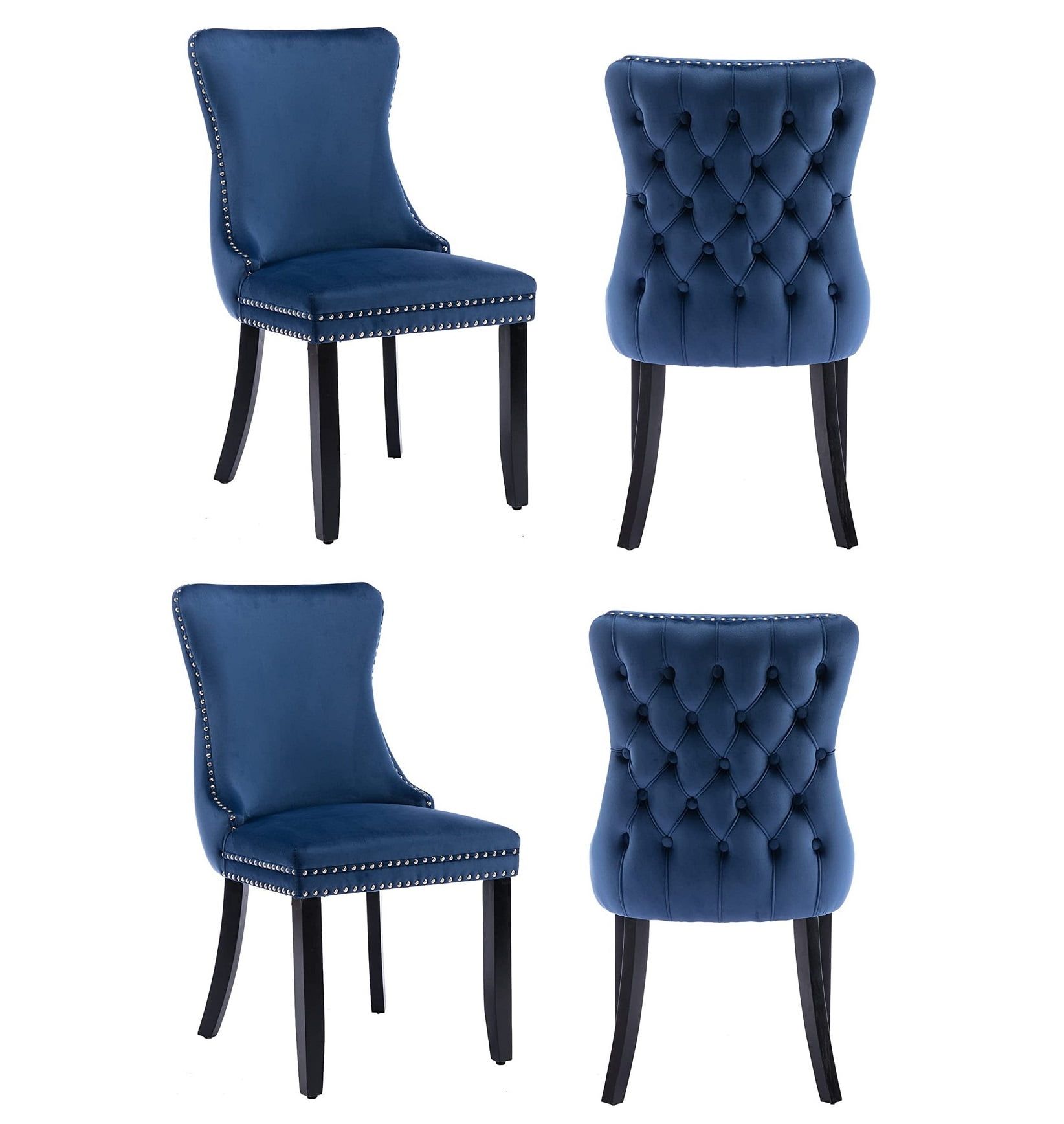 Navy Velvet Upholstered Dining Chairs with Nailhead Trim and Wood Legs, Set of 4