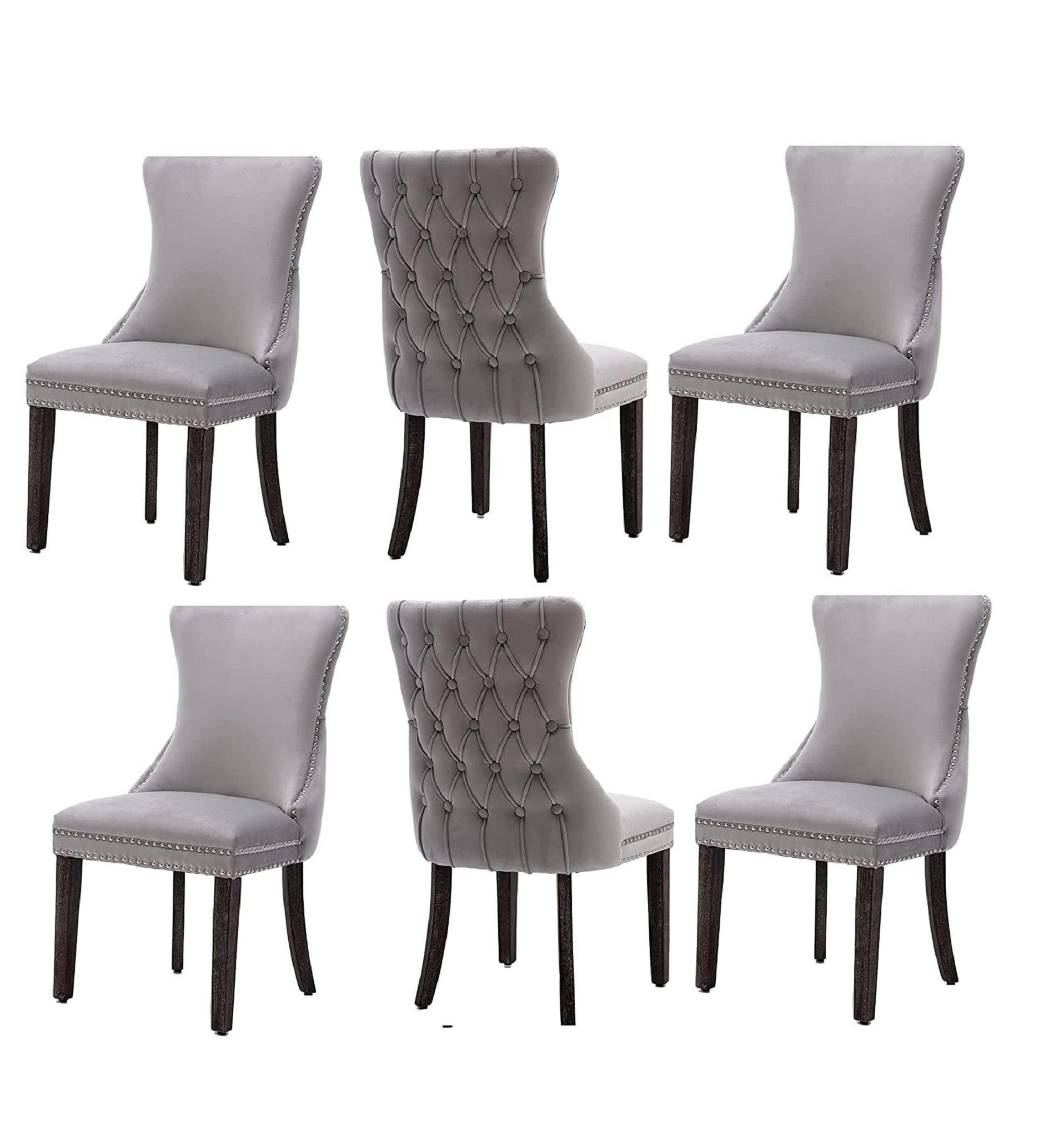 Gray Velvet Upholstered Side Chairs with Wood Legs, Set of 6