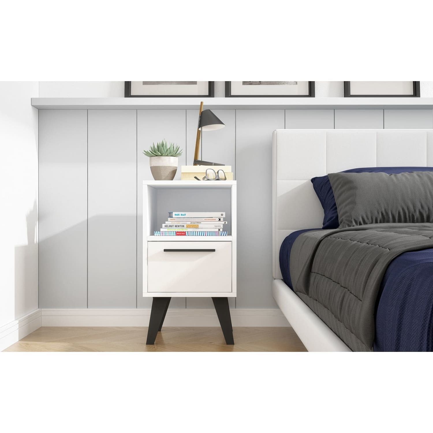 Amsterdam White Mid-Century Modern Nightstand with Open Shelf and Drawer