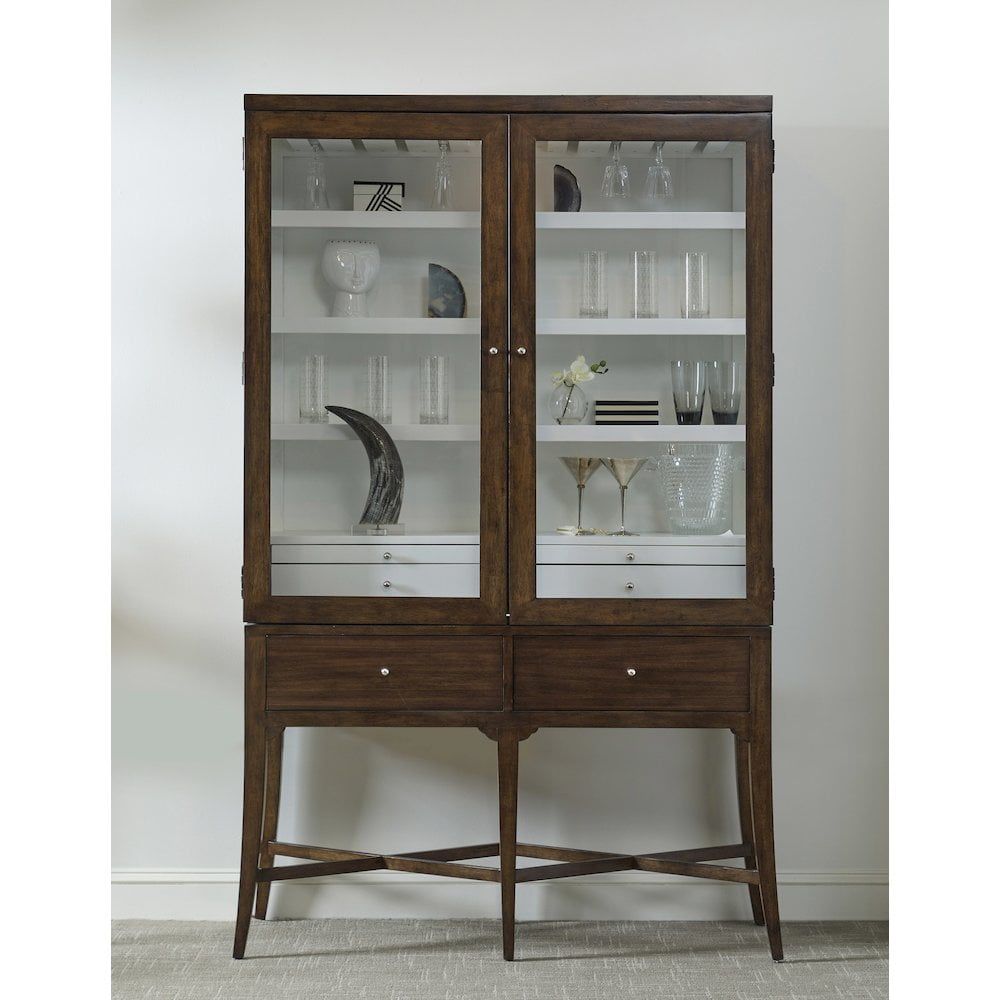 Modern Brown Wood Bar Cabinet with Glass Doors and Storage