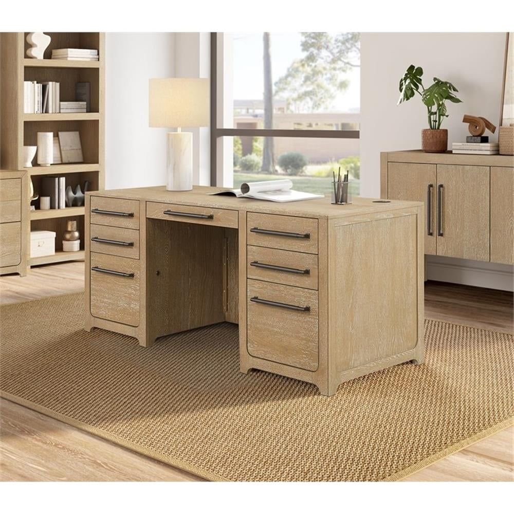 Light Brown Wood Executive Desk with Drawers and Filing Cabinet