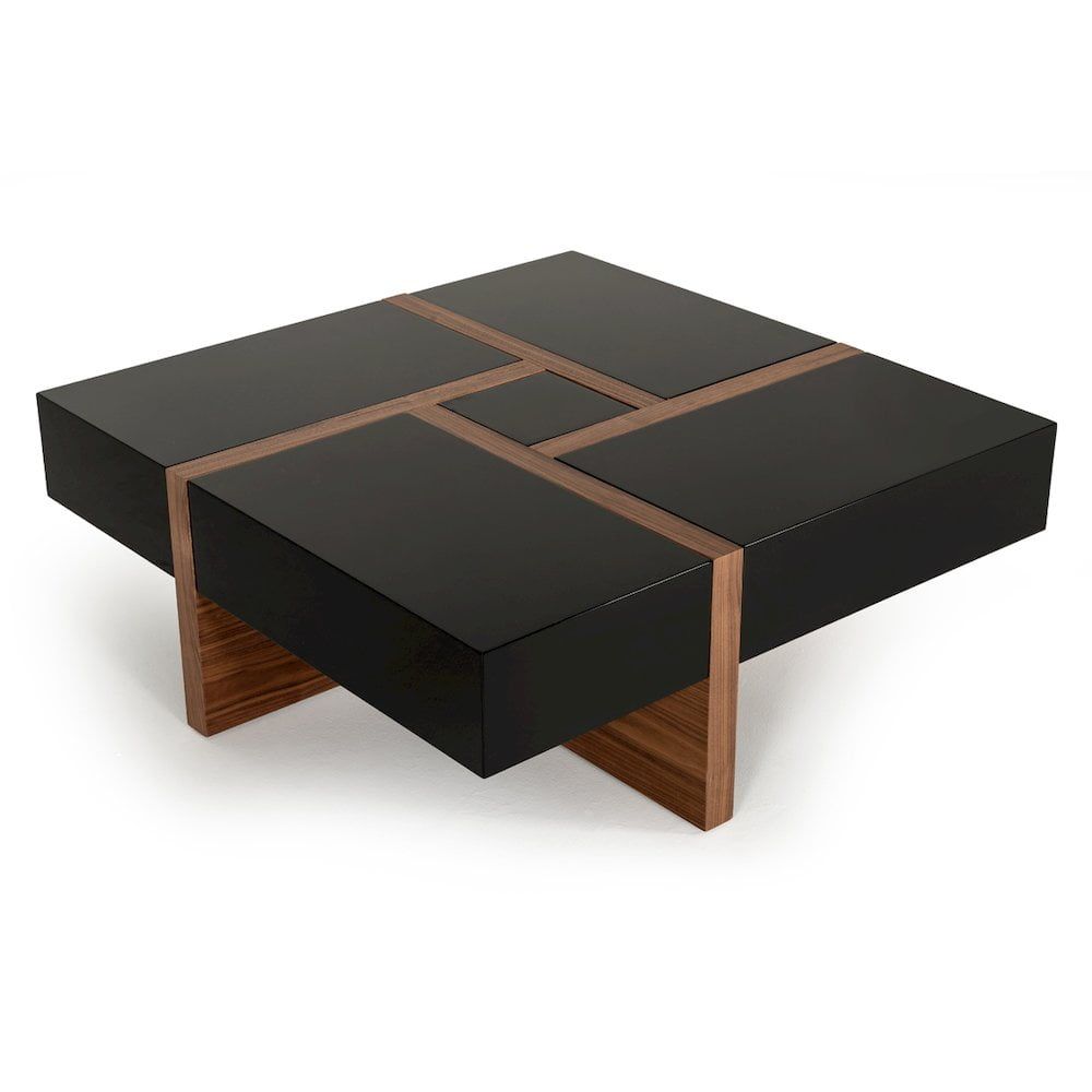 Modern Black and Walnut Square Coffee Table with Storage