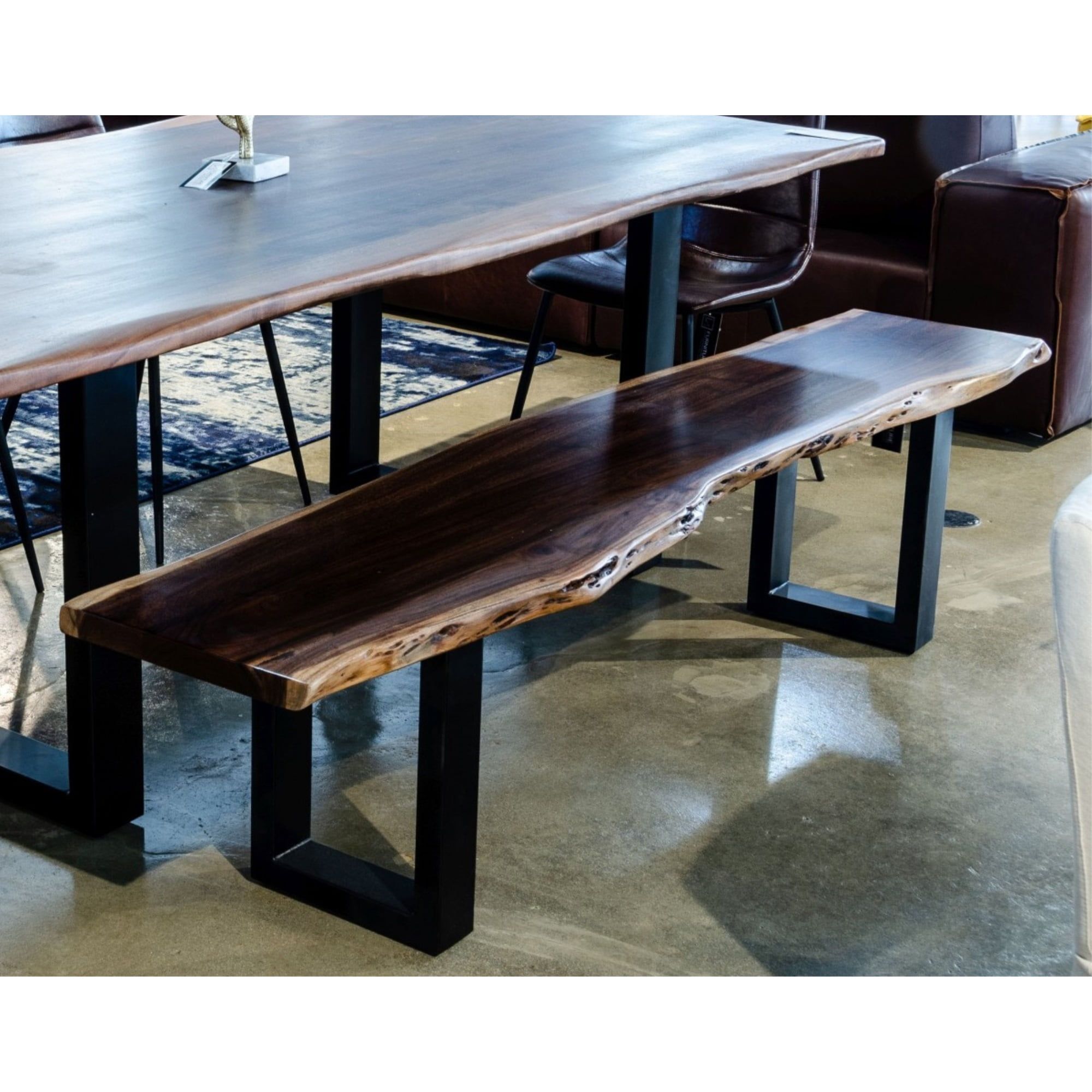 Modern Live Edge Acacia Wood Dining Bench with Black Metal Legs