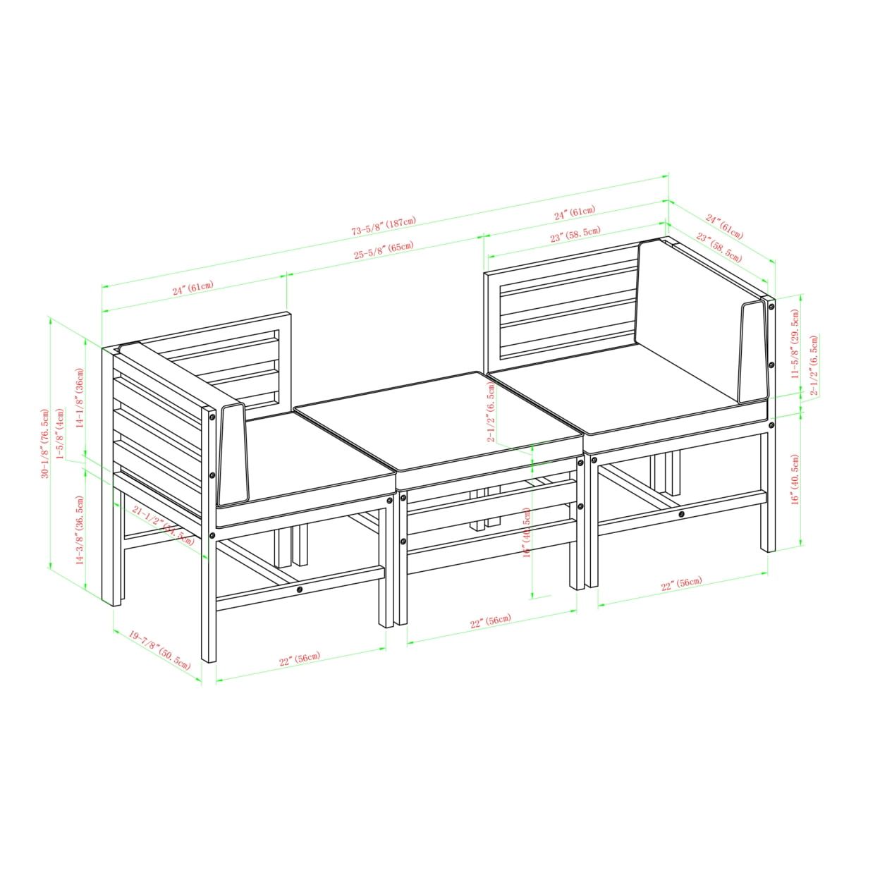 Modular Acacia Wood Outdoor Loveseat & Ottoman Set in Brown