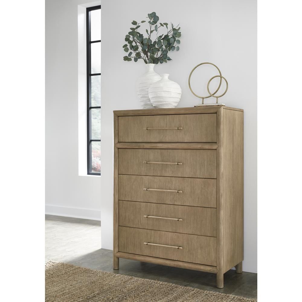 Granola Brown Acacia Wood Five Drawer Chest with Levelers