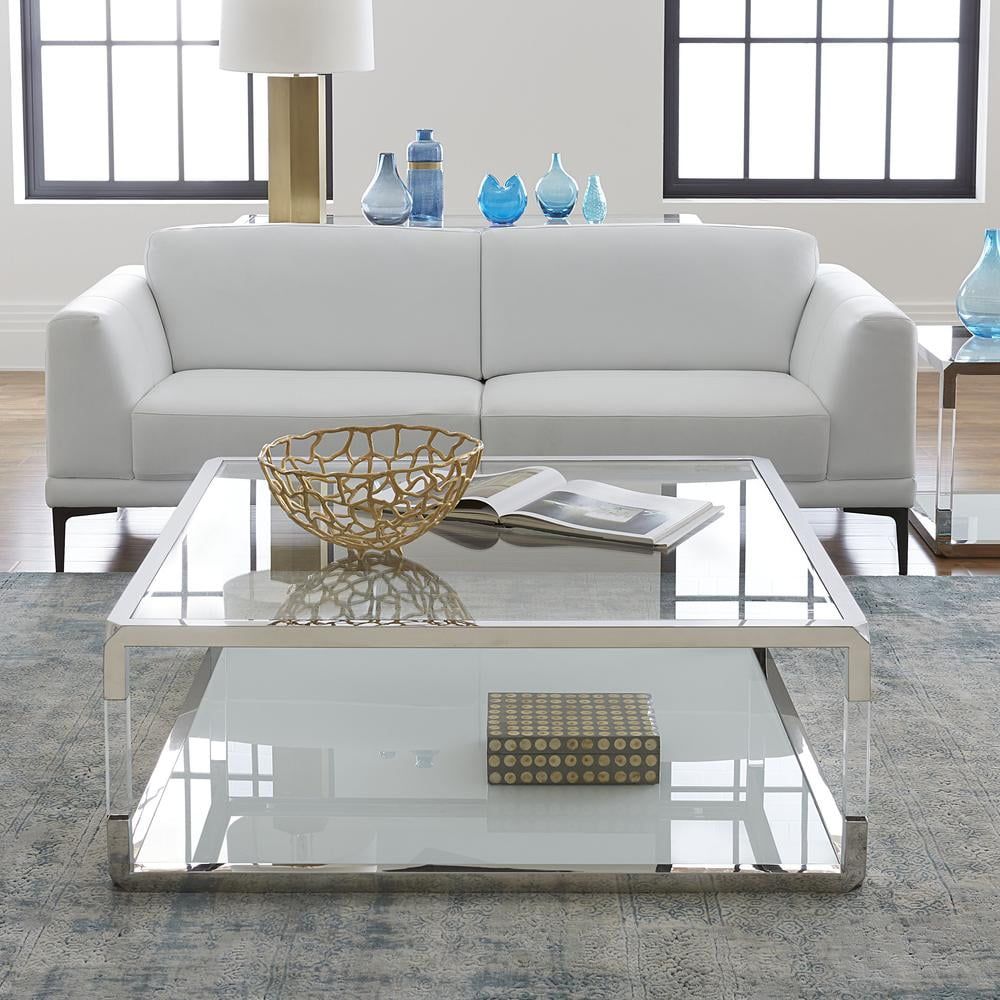 Jasper Square White Glass and Acrylic Coffee Table with Storage