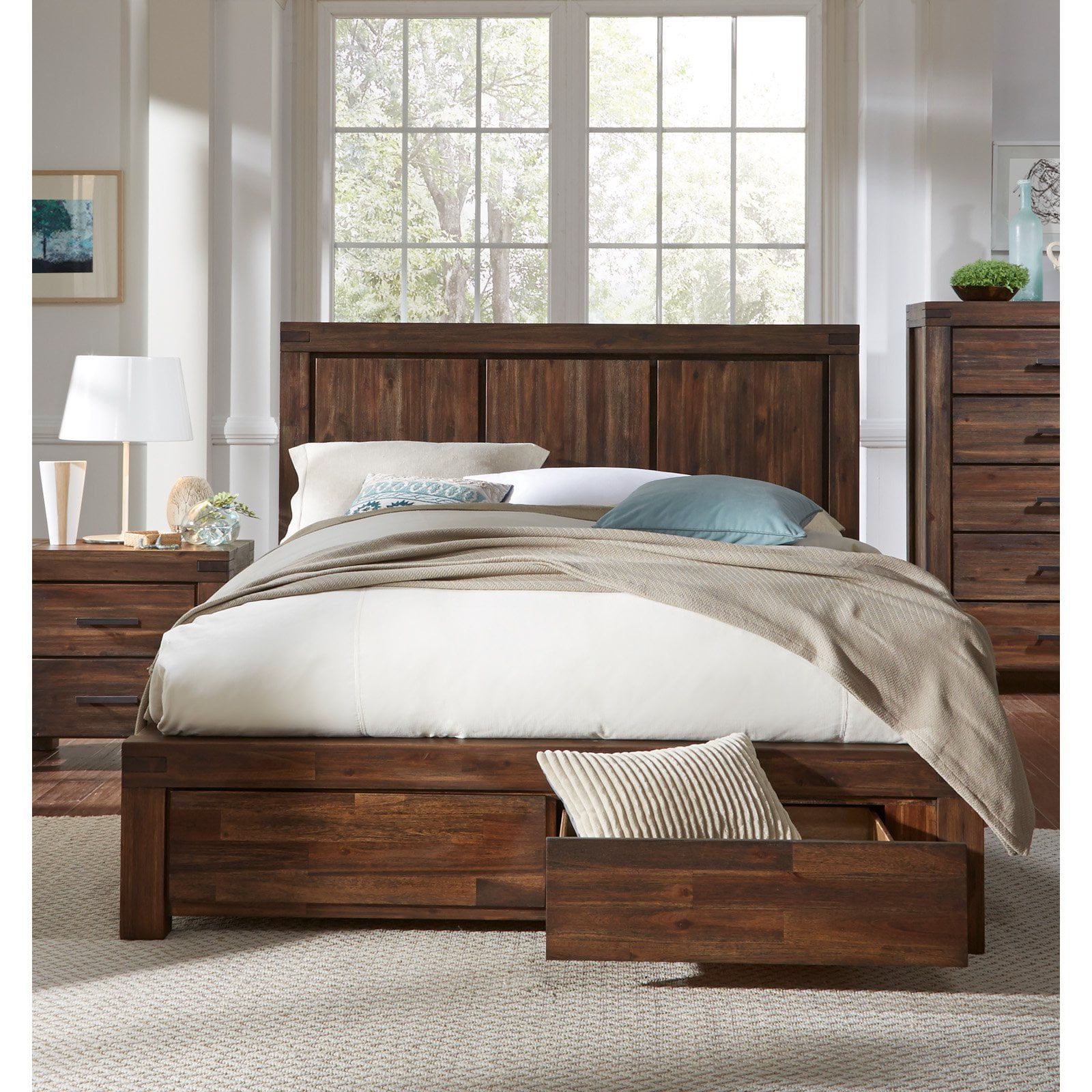 Queen Brick Brown Solid Wood Storage Bed with Headboard and Drawers