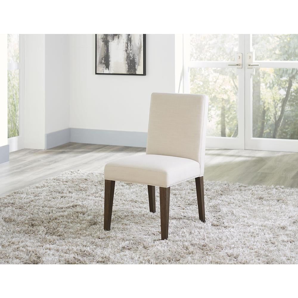 White Linen Upholstered Side Chair with Wood Legs