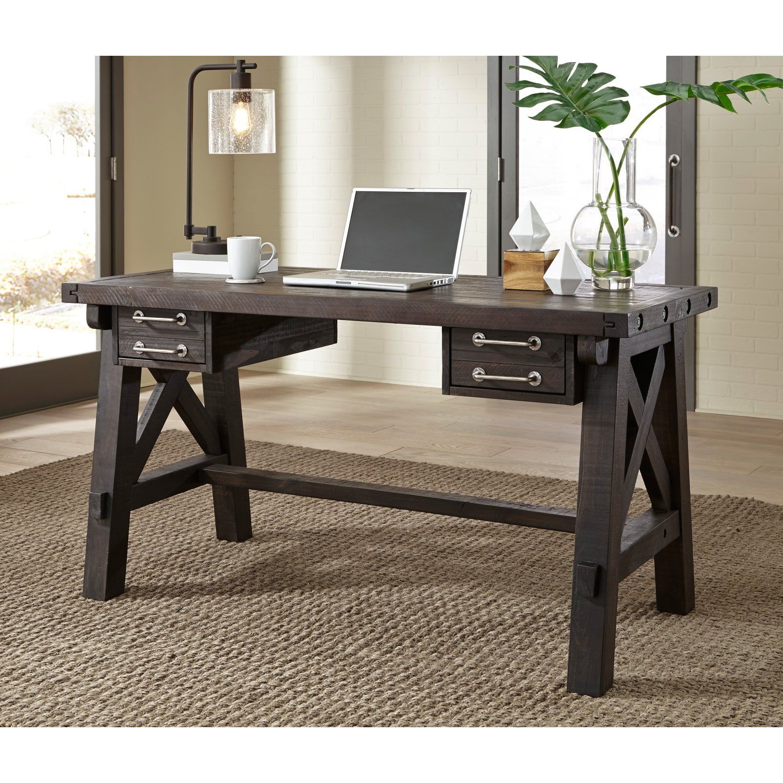 Rustic Black Pine Solid Wood Desk with Dual Drawers