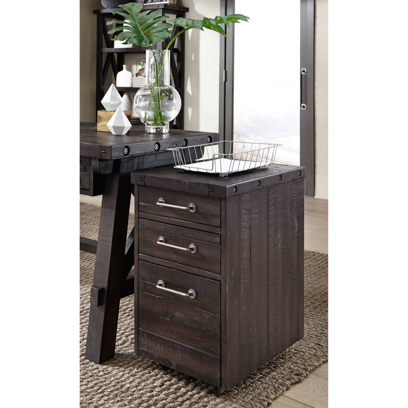 Rustic Espresso Pine Rolling File Cabinet with Roughhewn Finish