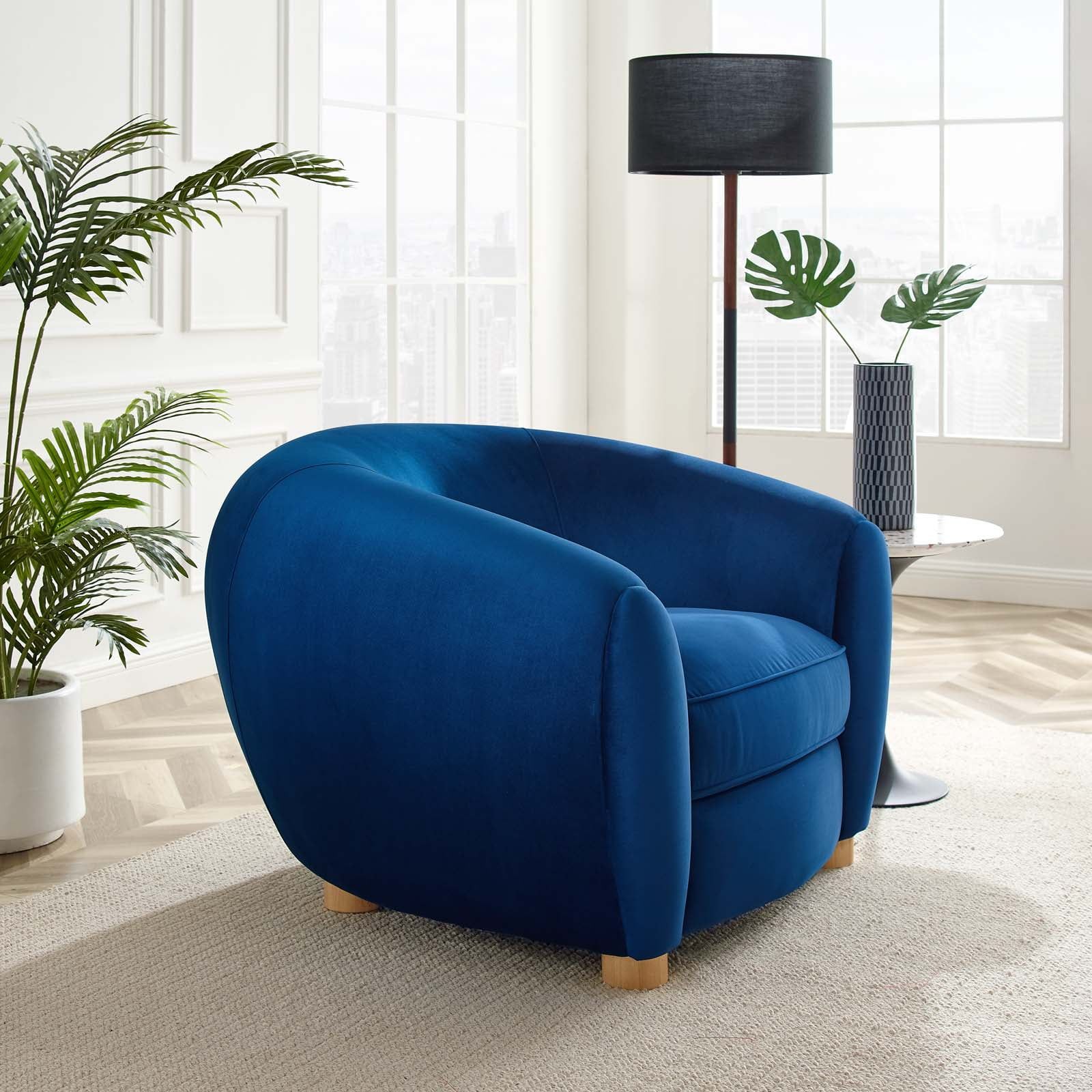 Plush Navy Velvet Oversized Accent Chair with Beech Wood Legs