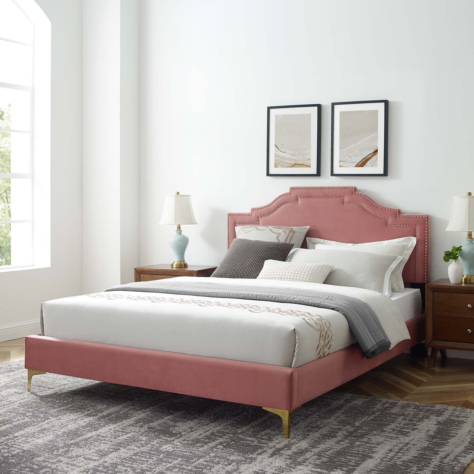 Dusty Rose Velvet Queen Bed with Nailhead Trim and Gold Legs