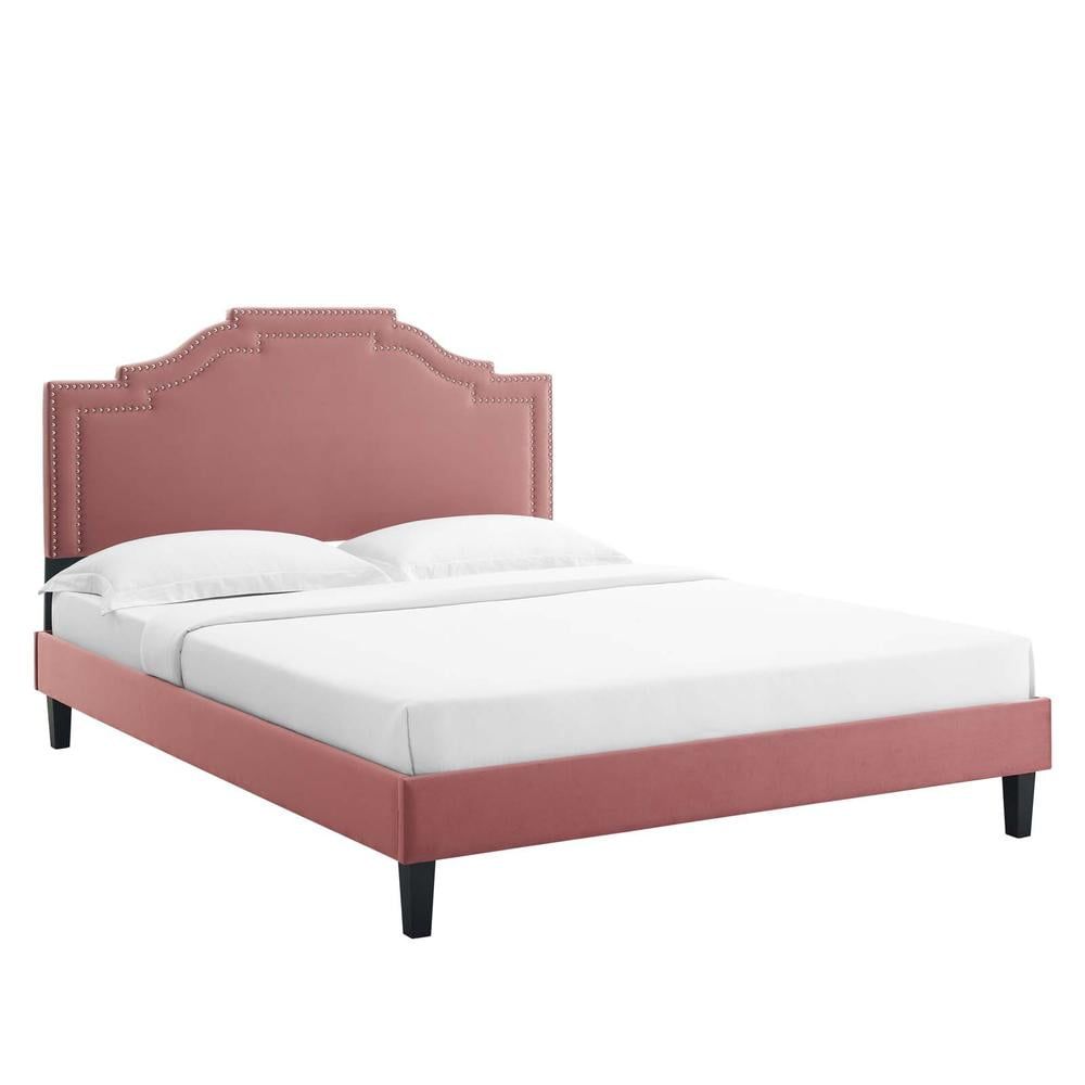 Dusty Rose Velvet Queen Platform Bed with Upholstered Headboard