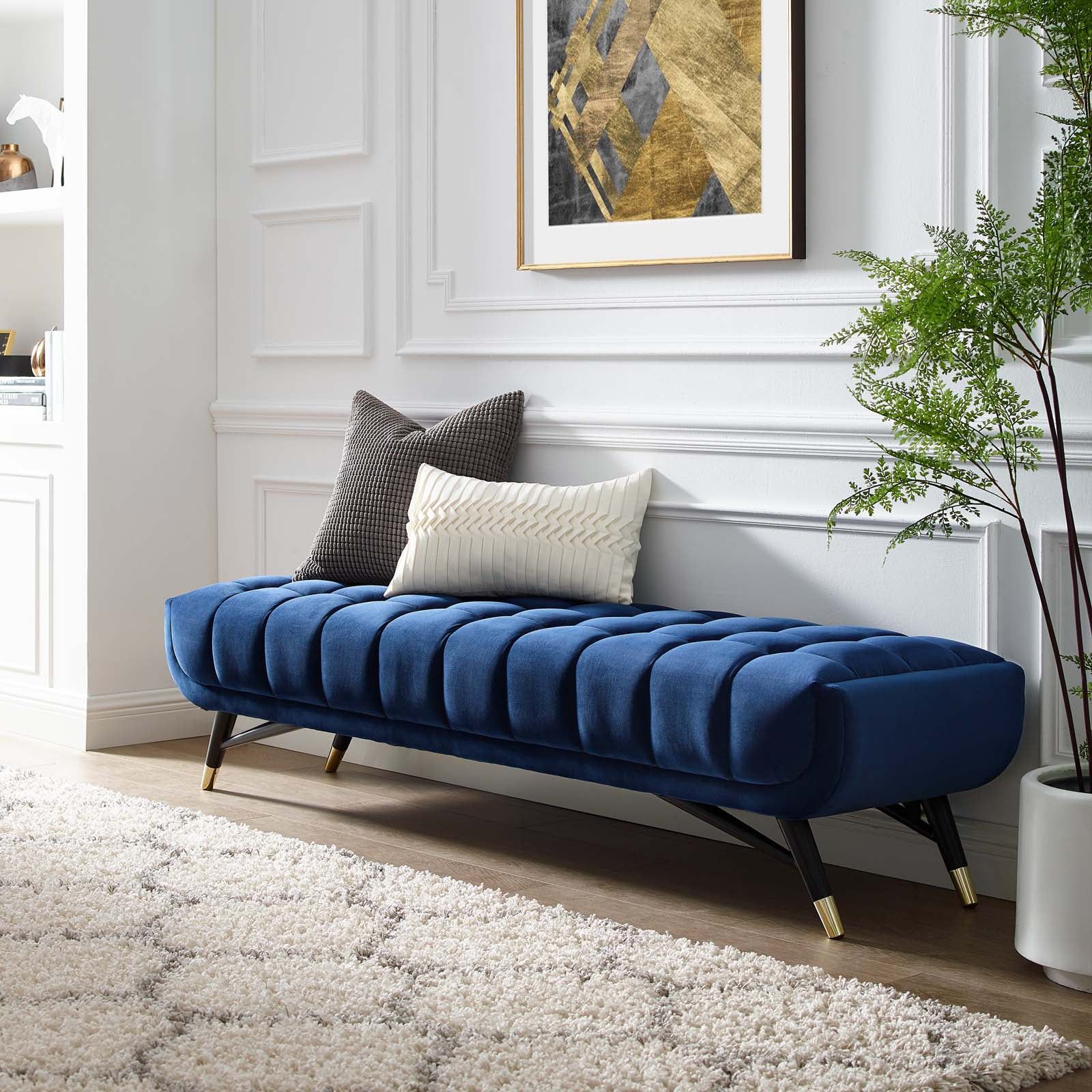 Midnight Blue Velvet Tufted Bench with Gold Accents