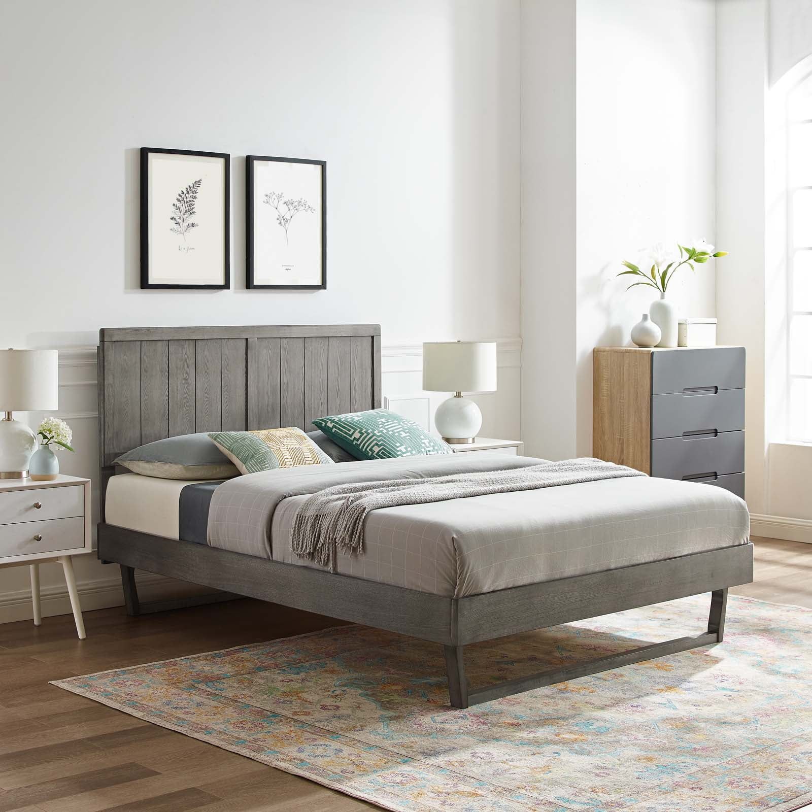 Gray Queen Upholstered Wood Frame Bed with Tufted Headboard