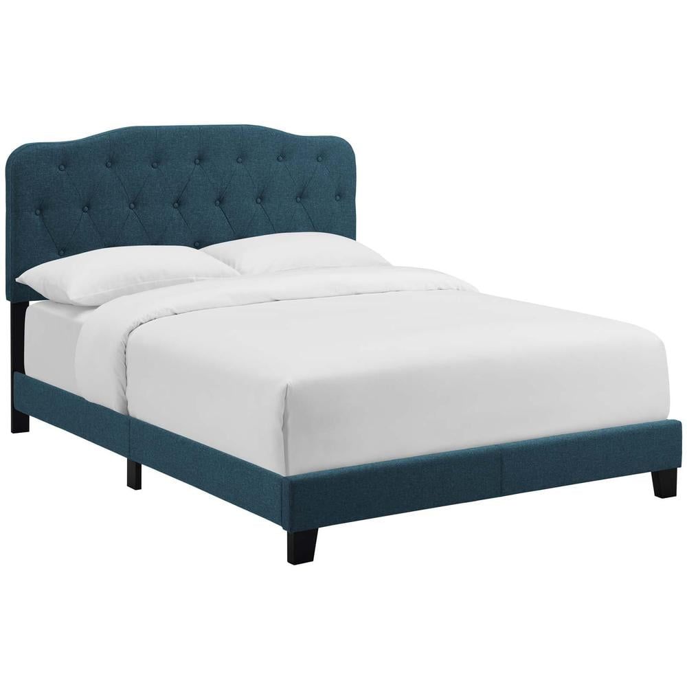 Amelia Azure Blue Queen Upholstered Platform Bed with Tufted Headboard