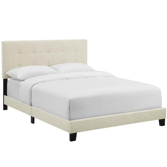 Amira Full-Size Beige Tufted Upholstered Platform Bed with Wood Frame