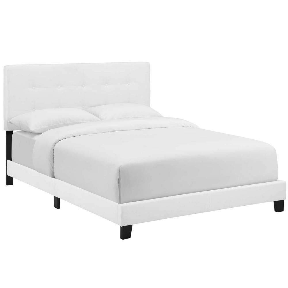 Elegant Full-Size White Fabric Upholstered Platform Bed with Tufted Headboard