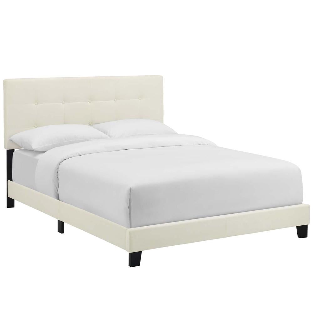 Elegant Ivory Full Platform Bed with Tufted Velvet Upholstery