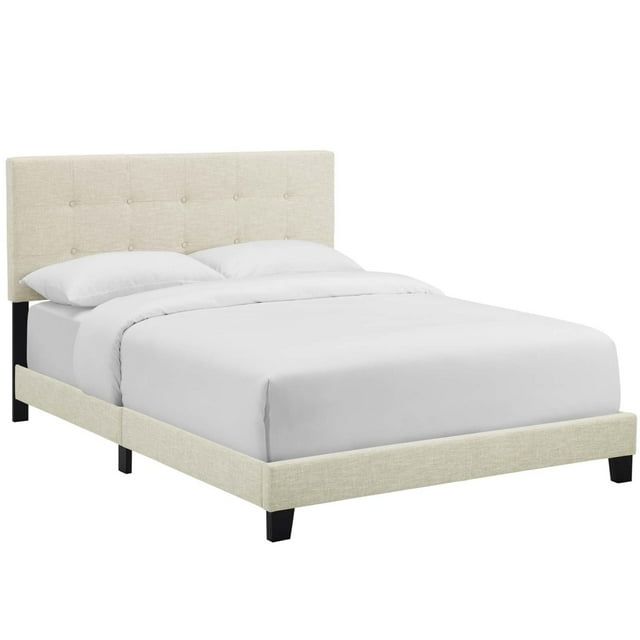 Amira Chic Beige Queen Platform Bed with Tufted Velvet Headboard